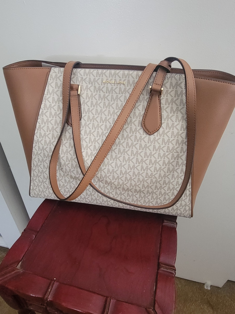 Michael Kors Tan and Ivory MK Logo Tote with Gold Accents